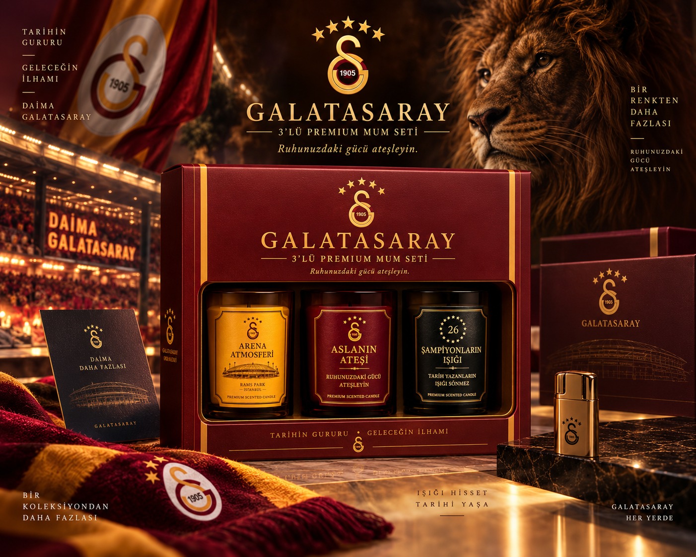 Galatasaray’ın sarı-kırmızı kültüründen ilhamla geliştirilen üçlü premium mum konsepti