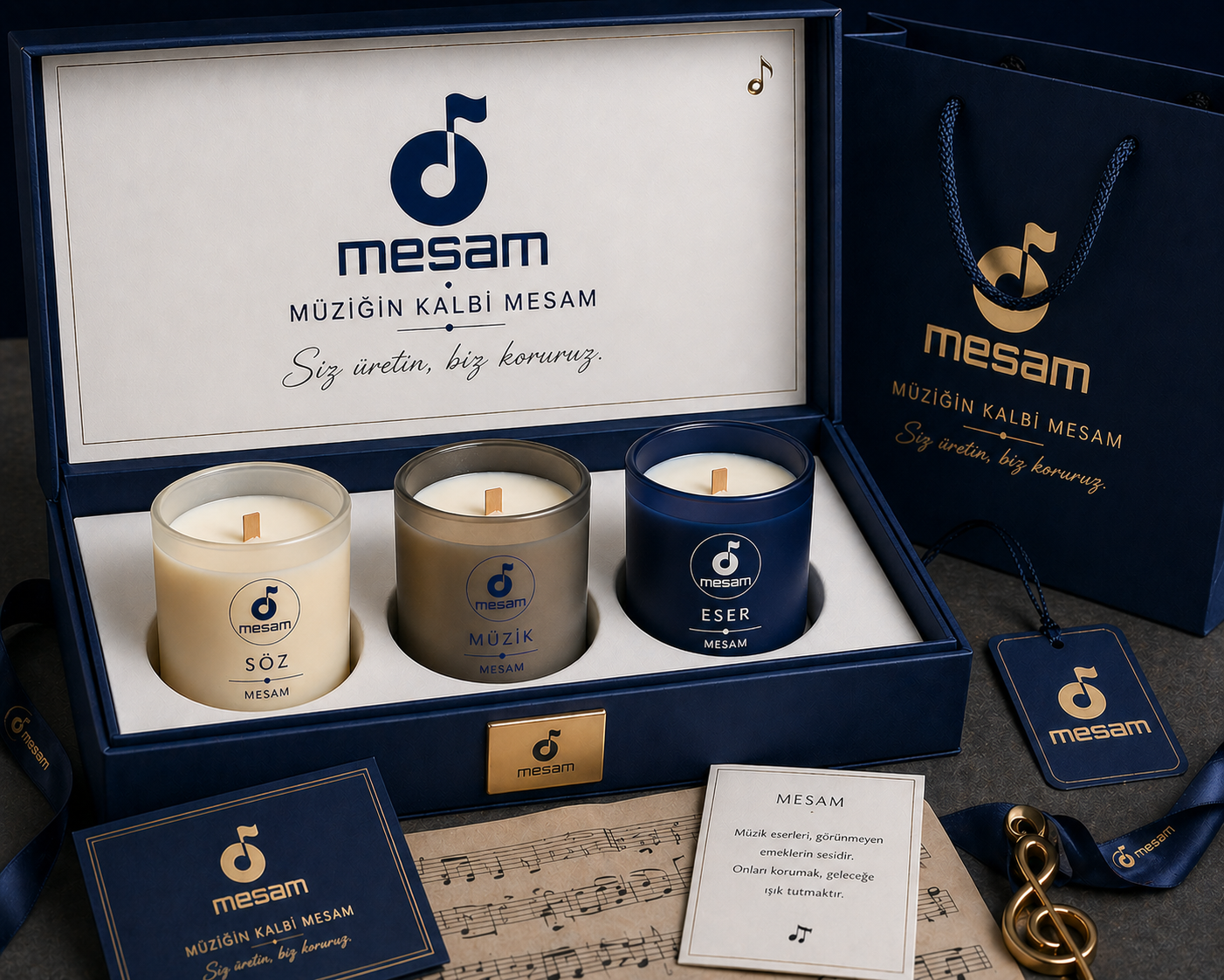 MESAM için tasarlanan Söz, Müzik ve Eser temalı üçlü mum hediye seti