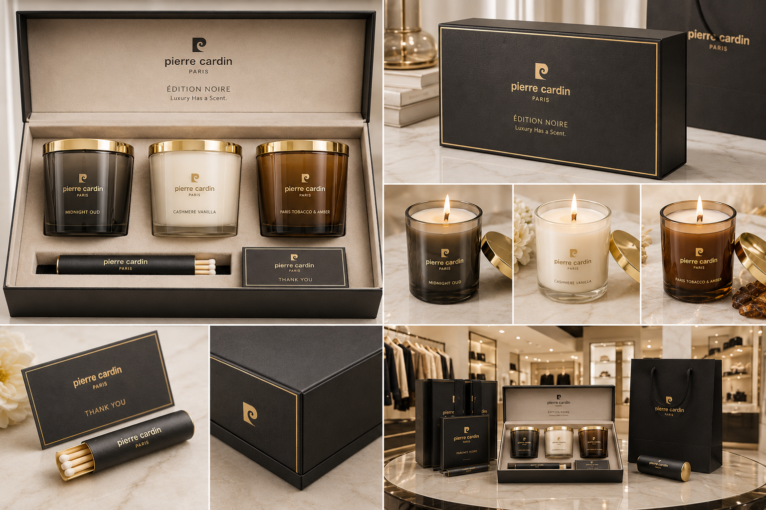 Pierre Cardin için tasarlanan Édition Noire üçlü premium mum ve hediye seti