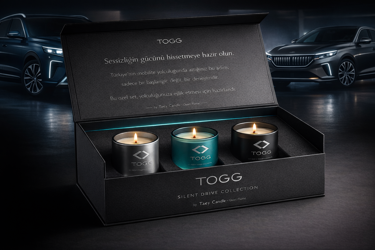 TOGG için tasarlanan Silent Drive Collection üçlü premium mum seti
